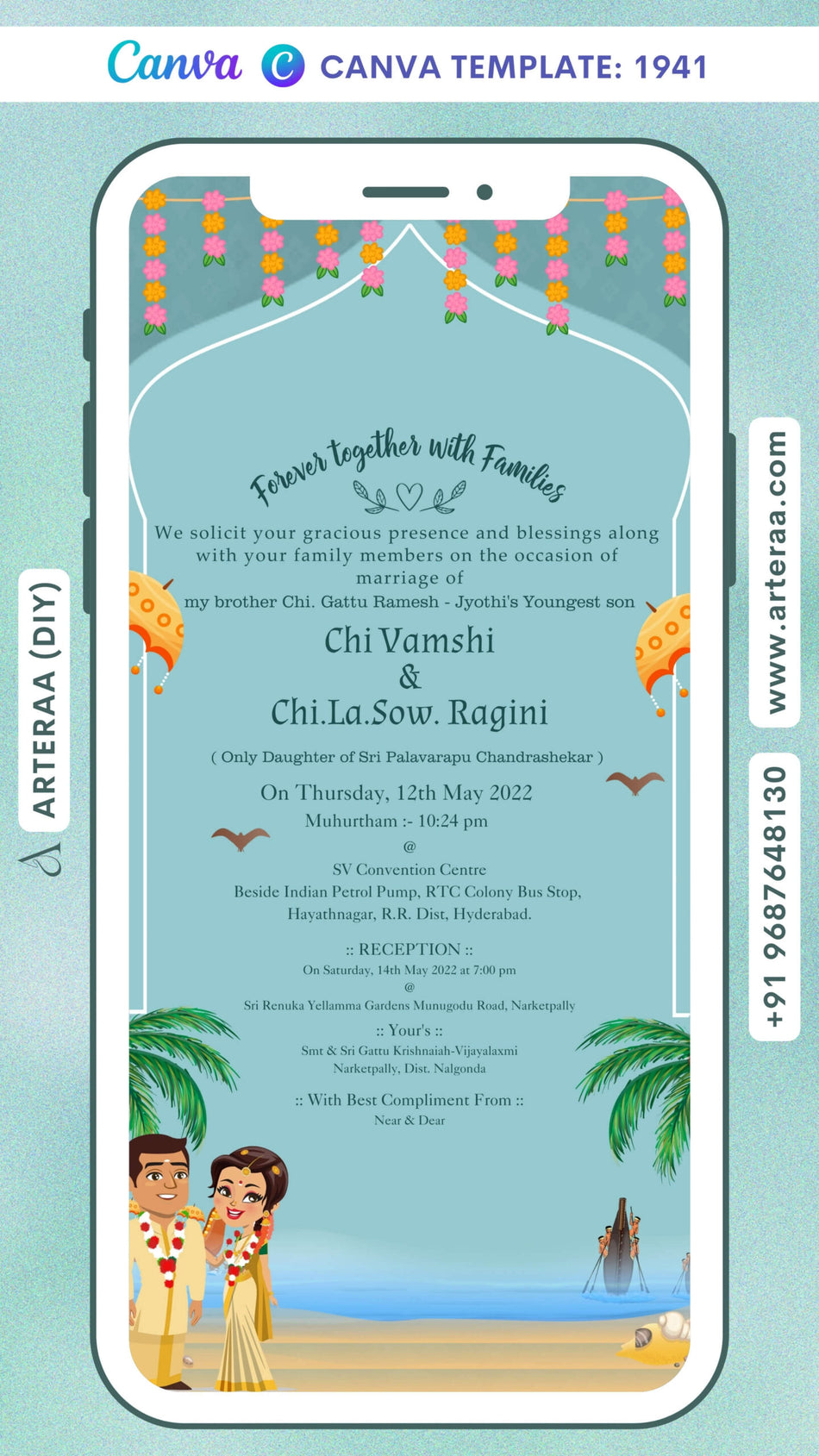 Wedding ceremony invitation card Canva Editable Template of hindu south indian telugu family in english language with beach theme design 1941