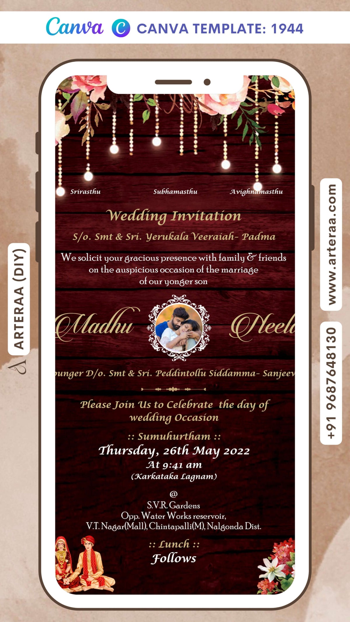 Wedding ceremony invitation card Canva Editable Template of hindu south indian telugu family in english language with floral couple photo theme design 1944