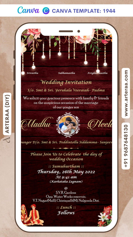 Wedding ceremony invitation card Canva Editable Template of hindu south indian telugu family in english language with floral couple photo theme design 1944