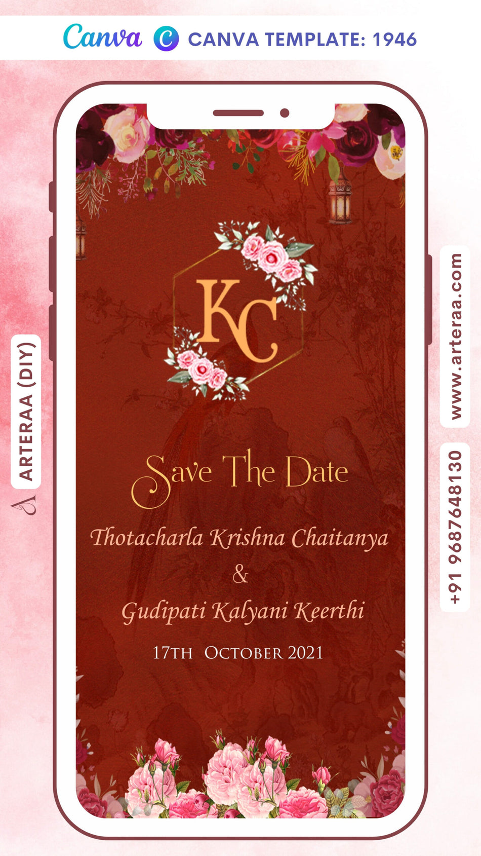 Save the Date card Canva Editable Template in english language with flowers, couple logo as floral theme design 1946