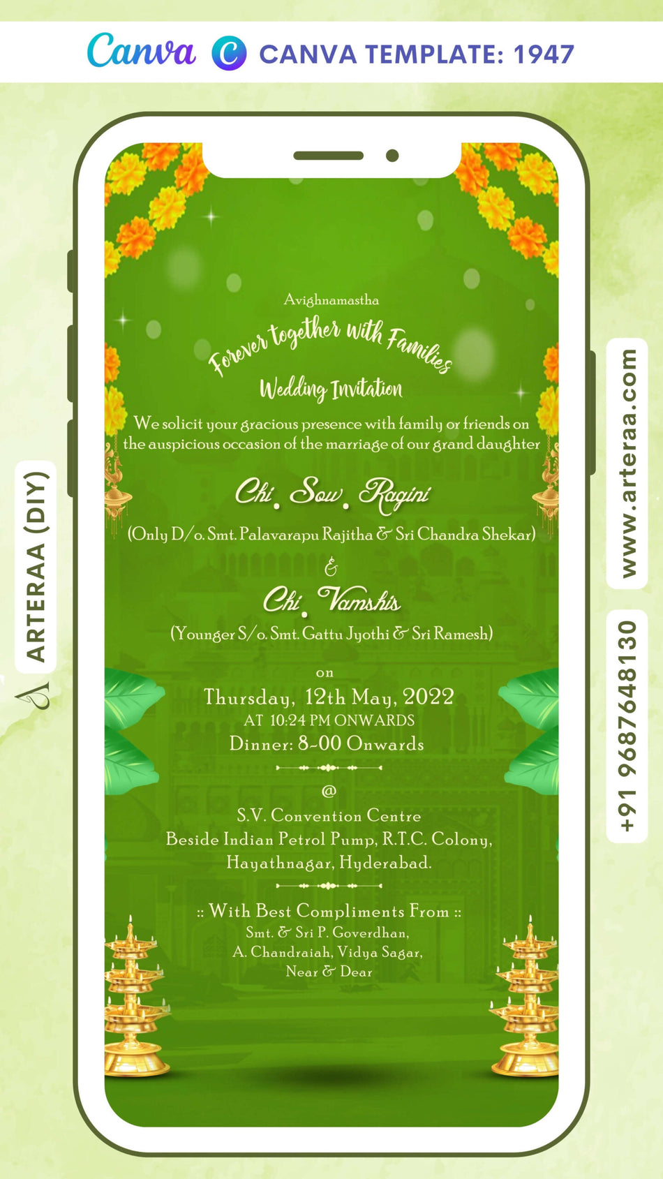 Wedding ceremony invitation card Canva Editable Template of hindu south indian telugu family in english language with traditional theme design 1947