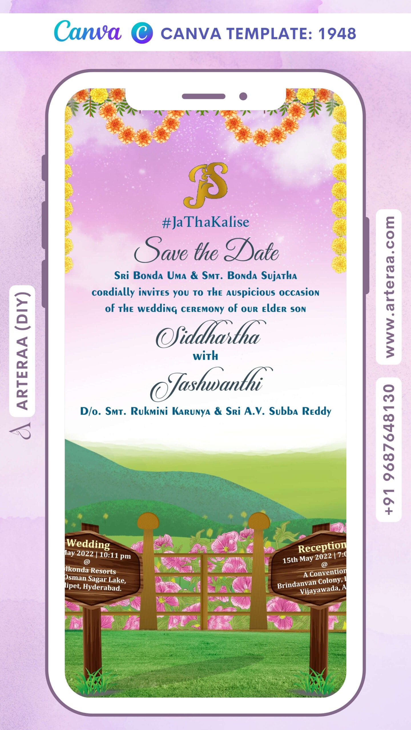 Wedding ceremony invitation card Canva Editable Template of hindu south indian telugu family in english language with garden theme design 1948