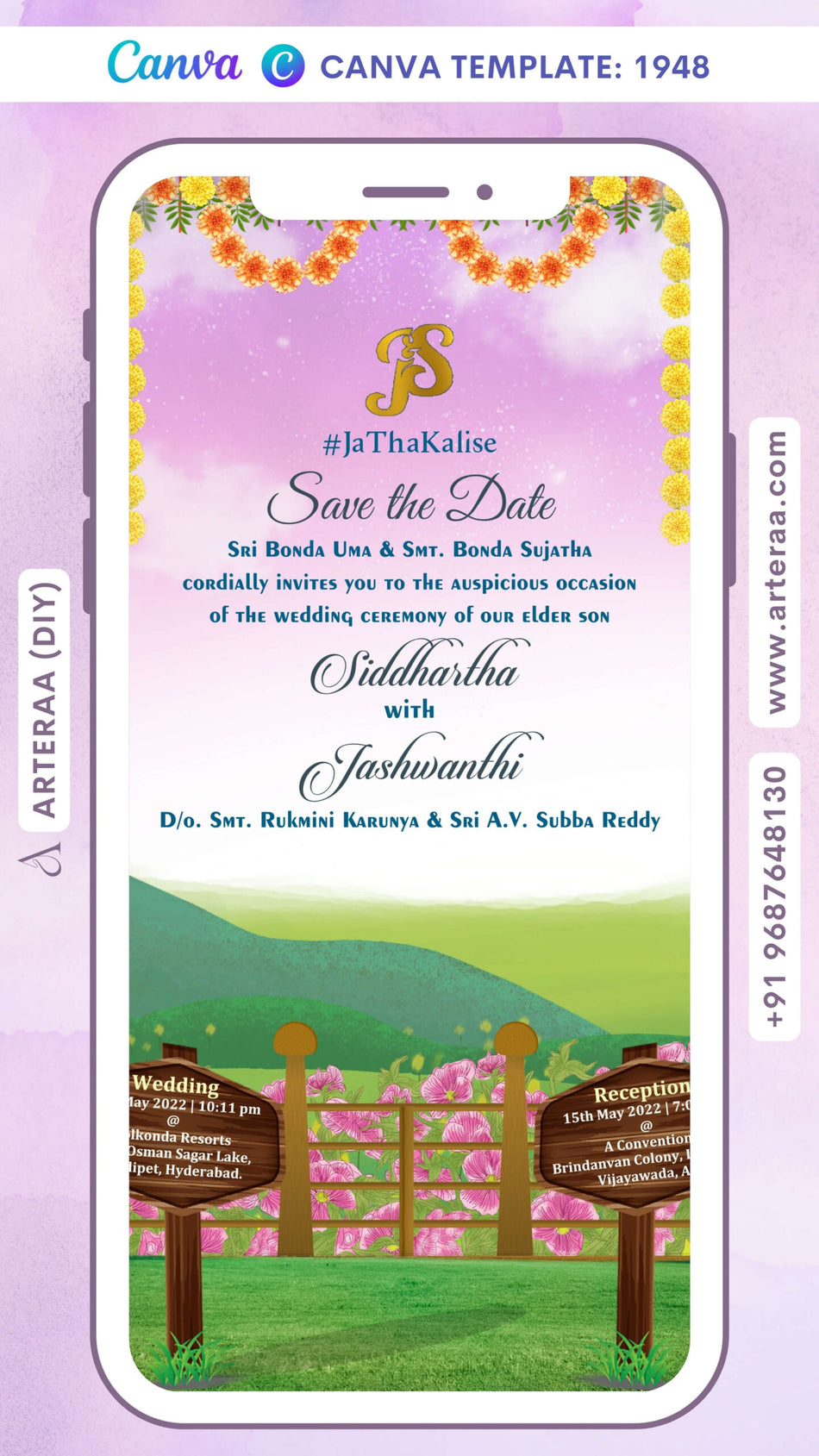 Wedding ceremony invitation card Canva Editable Template of hindu south indian telugu family in english language with garden theme design 1948