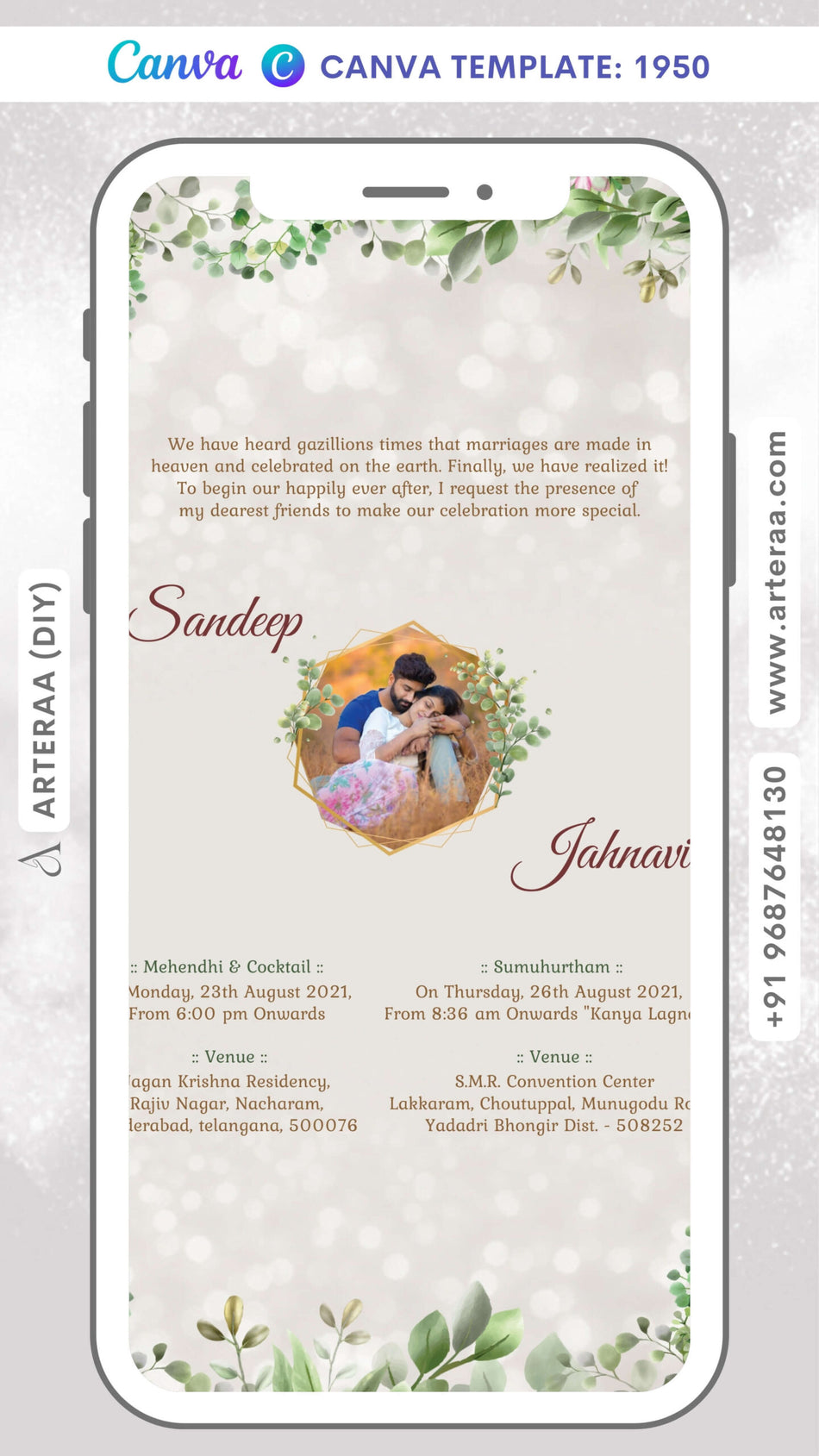 Wedding ceremony invitation card Canva Editable Template of hindu south indian telugu family in english language with couple photo leaves theme design 1950