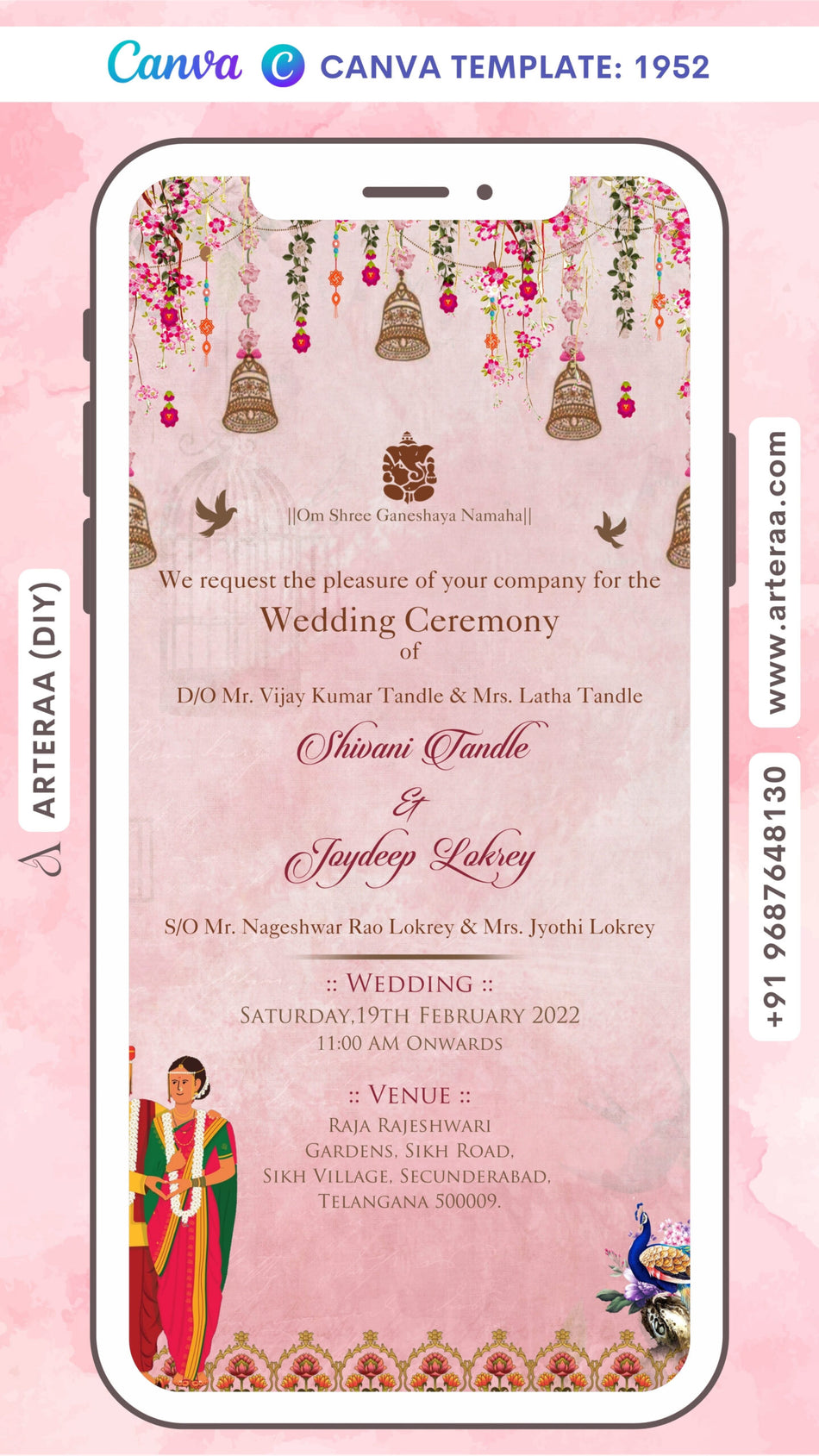 Wedding ceremony invitation card Canva Editable Template of hindu south indian telugu family in english language with traditional theme design 1952