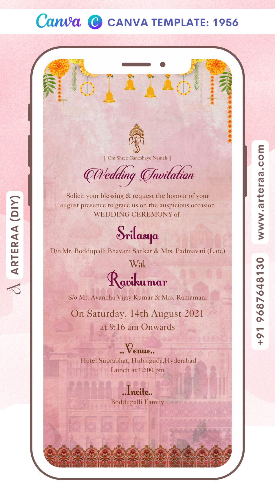 Wedding ceremony invitation card Canva Editable Template of hindu south indian telugu family in english language with traditional theme design 1956