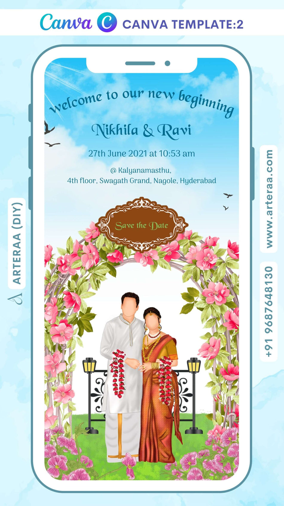 Save the Date invitation card Canva Editable Template in English language with leaves, flowers, birds as Garden theme design 2