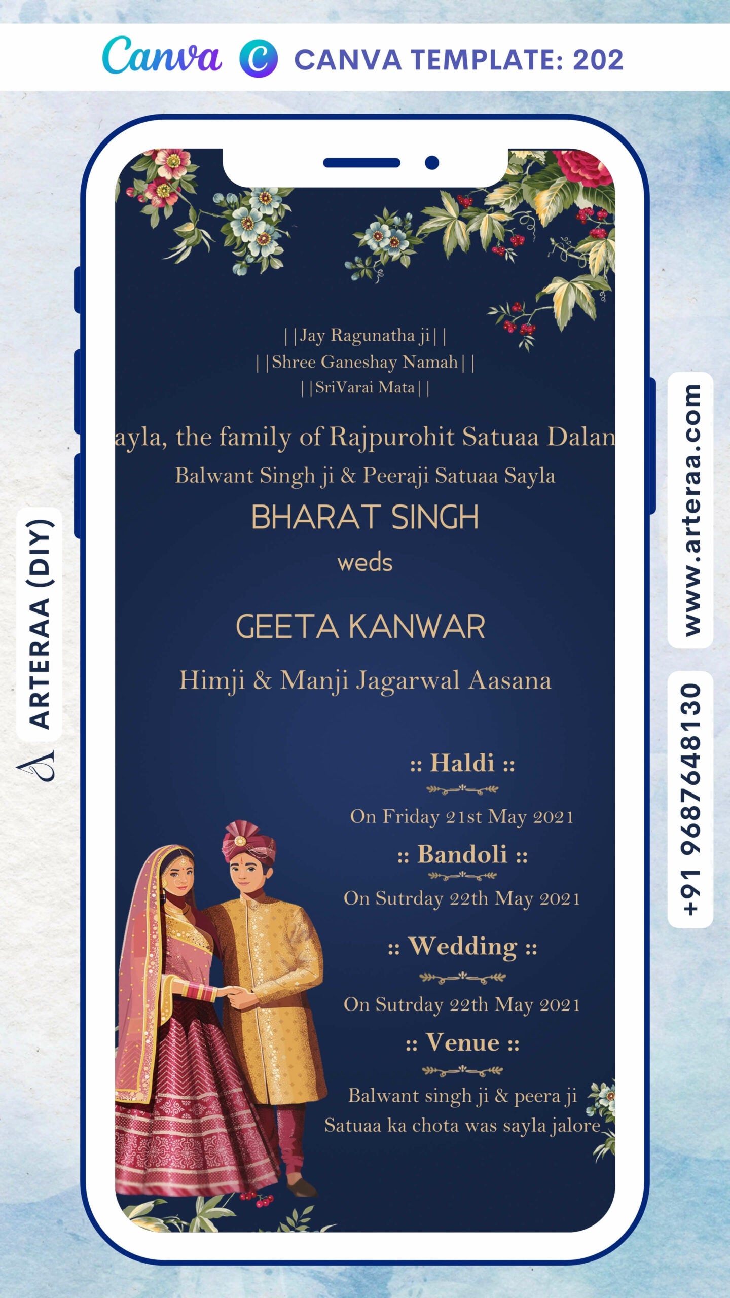 Wedding ceremony invitation card Canva Editable Template of hindu punjabi sikh family in english language with Minimalistic theme design 202