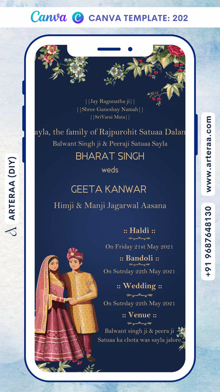 Wedding ceremony invitation card Canva Editable Template of hindu punjabi sikh family in english language with Minimalistic theme design 202