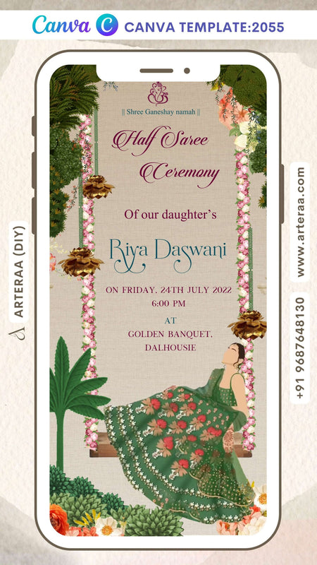 Half Saree ceremony invitation Canva Editable video Template in english language with garden theme design 2055