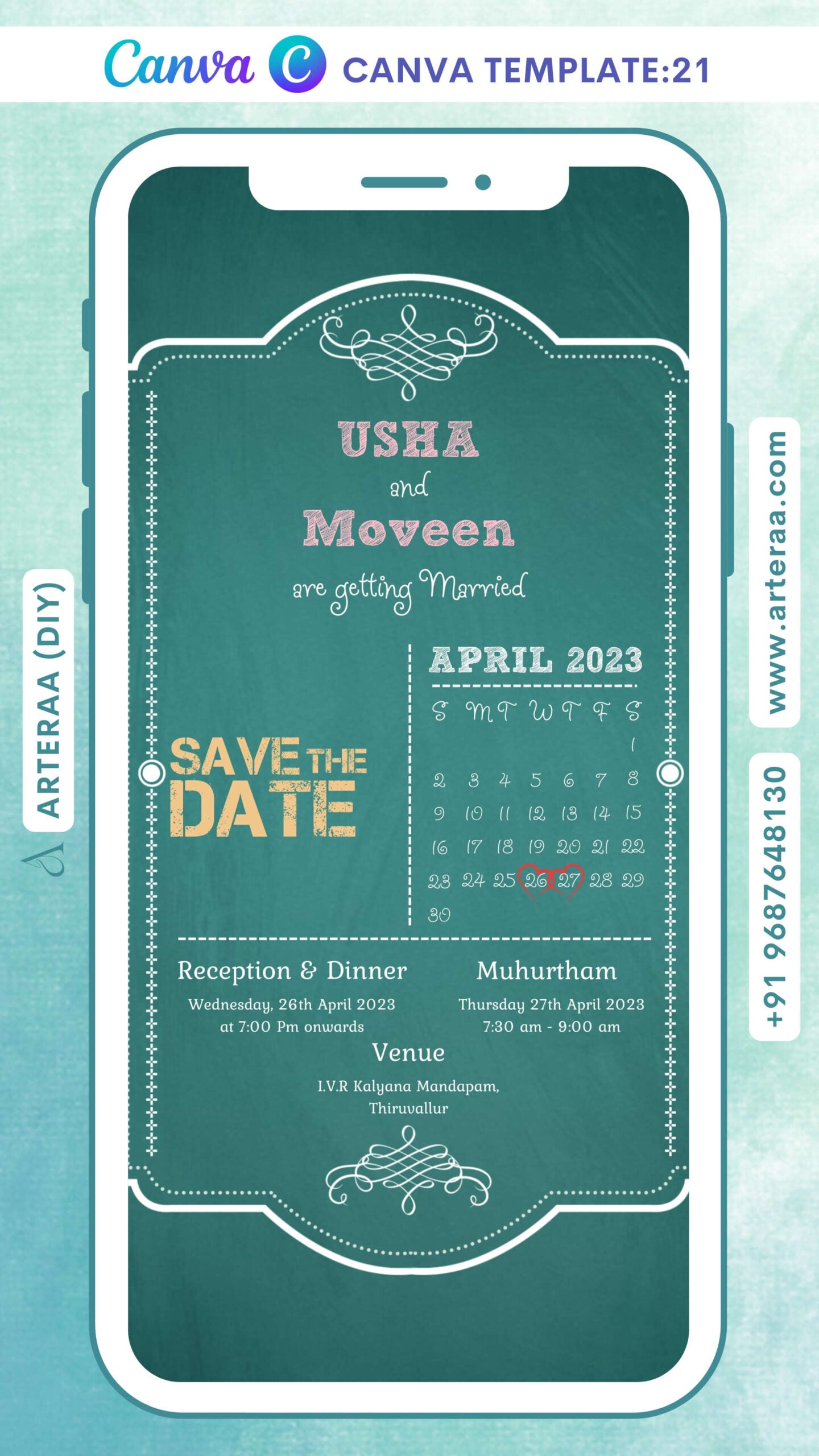 Wedding ceremony invitation card Canva Editable Template of hindu south indian tamil family in english language with Arch theme design 21