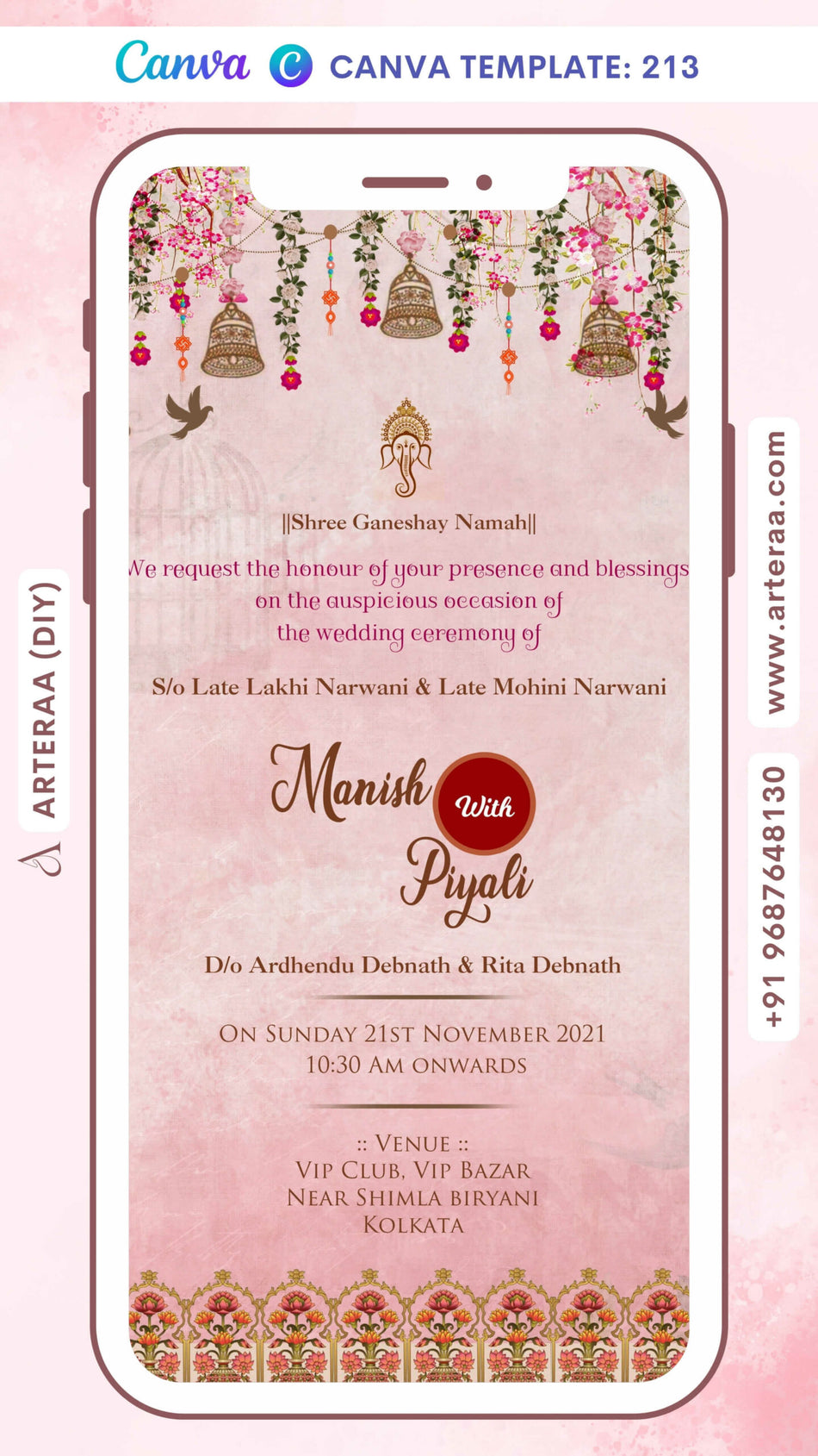 Wedding ceremony invitation card Canva Editable Template of hindu west bengal bengali family in english language with Traditional theme design 213