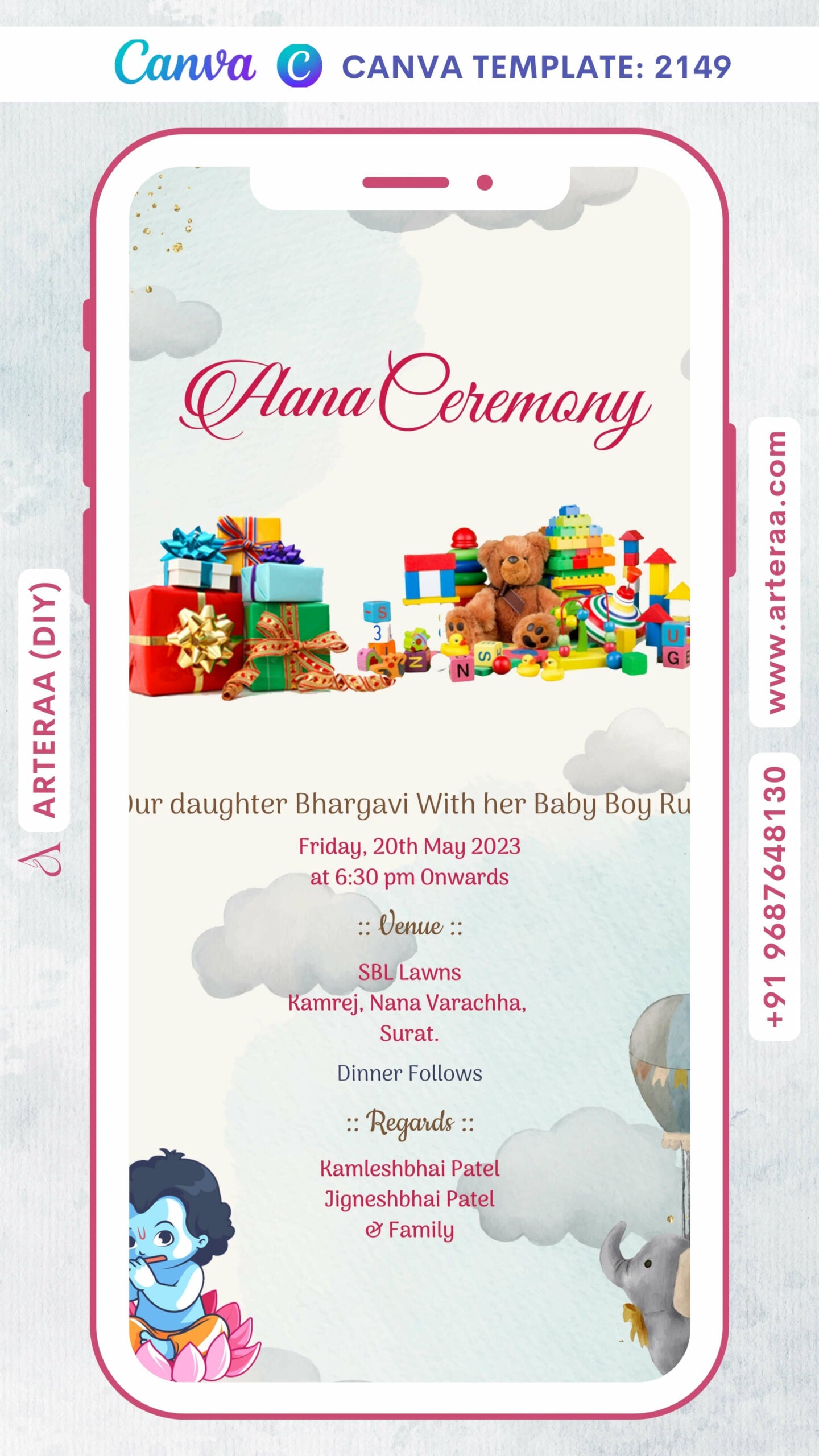 Aana ceremony invitation card Canva Editable Template in english language with krishna doodle, toys as playful theme design 2149