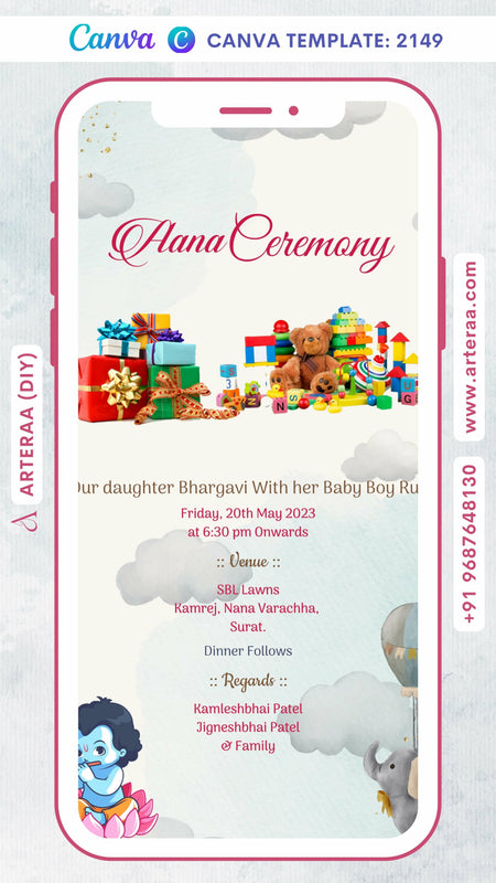 Aana ceremony invitation card Canva Editable Template in english language with krishna doodle, toys as playful theme design 2149