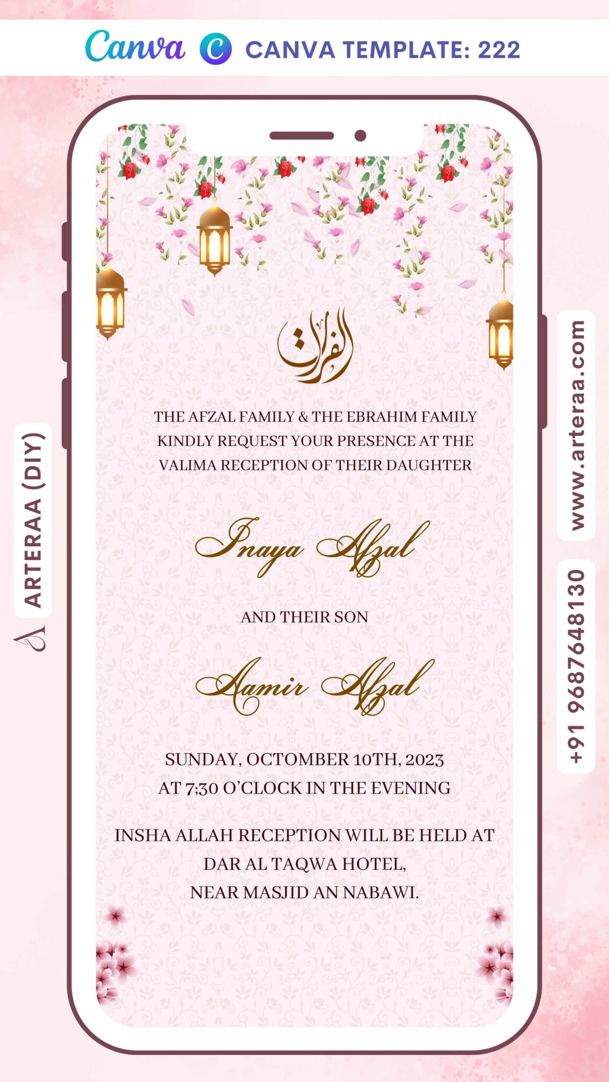 Digital Valima Reception Invitation Of Muslim Family In English Language With Floral Theme Canva Editable Template design no - 222