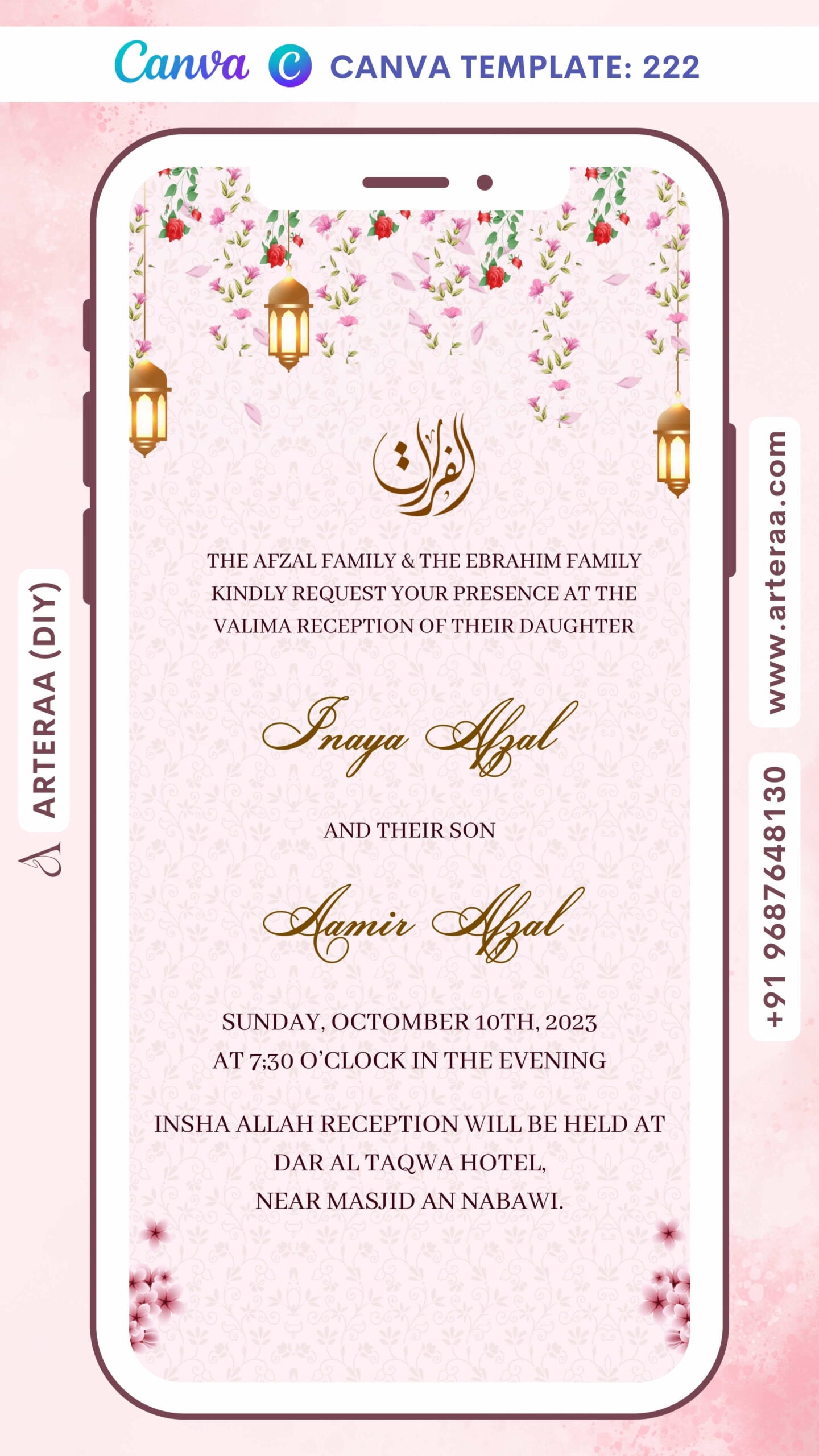 Digital Valima Reception Invitation Of Muslim Family In English Language With Floral Theme Canva Editable Template design no - 222