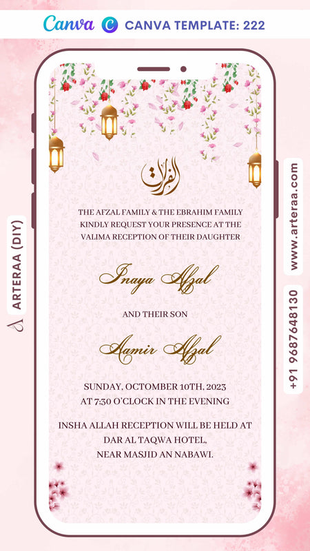 Digital Valima Reception Invitation Of Muslim Family In English Language With Floral Theme Canva Editable Template design no - 222