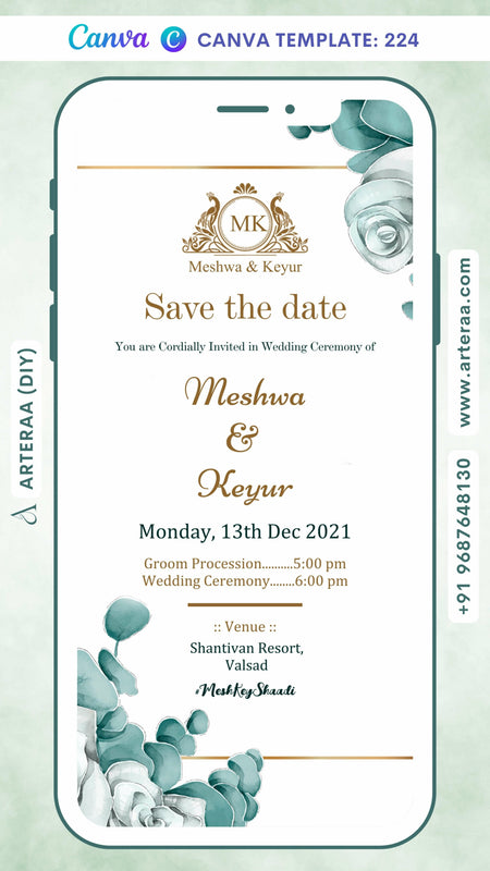 Wedding ceremony invitation card Canva Editable Template of hindu gujarati jain family in english language with Minimalistic theme design 224