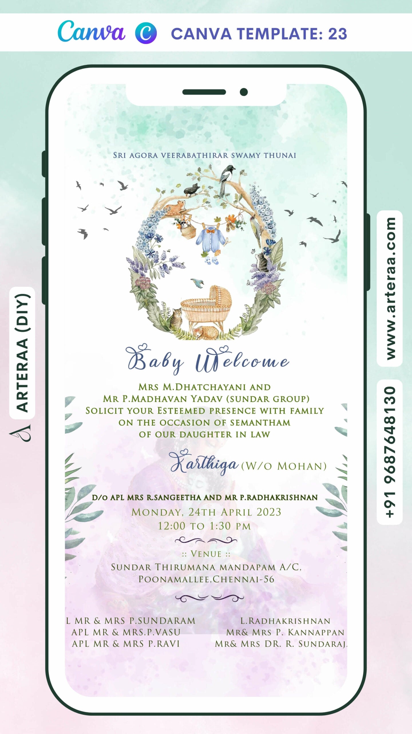 Digital Baby Welcome Ceremony Invitation Of South Indian Family In English Language With Pastel Floral Theme Canva Editable Template Design no - 23