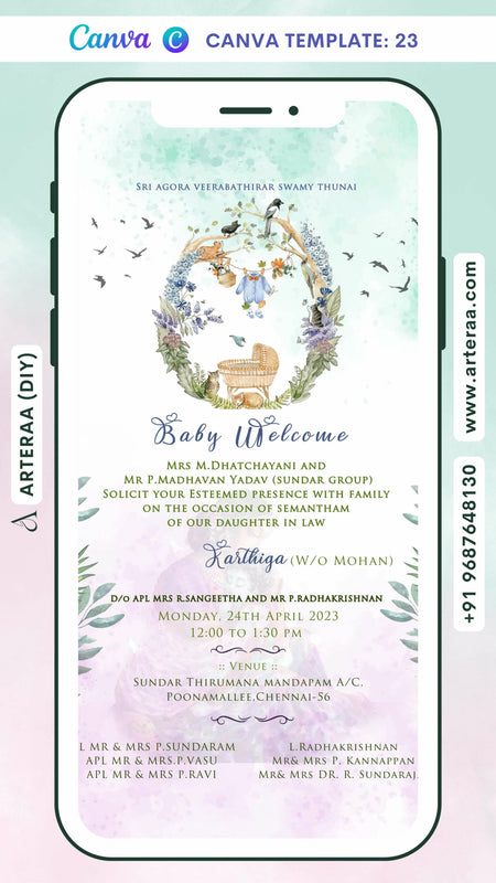 Digital Baby Welcome Ceremony Invitation Of South Indian Family In English Language With Pastel Floral Theme Canva Editable Template Design no - 23