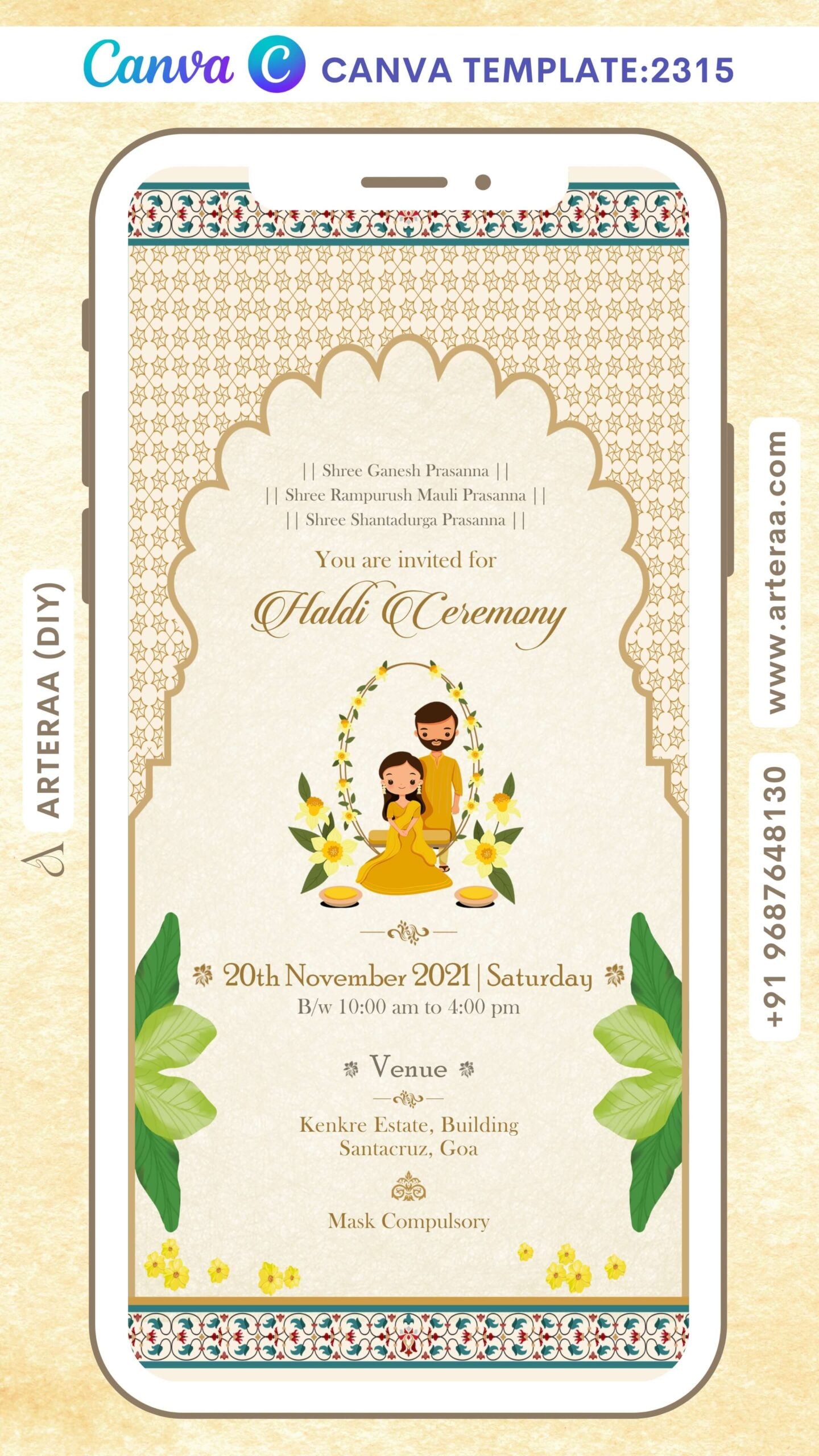 Haldi ceremony invitation Canva Editable video Template in english language with couple doodle as vintage theme design 2315