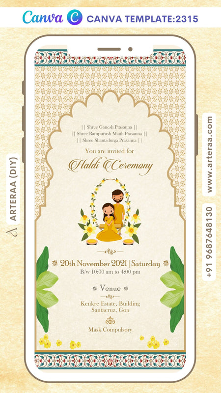 Haldi ceremony invitation Canva Editable video Template in english language with couple doodle as vintage theme design 2315