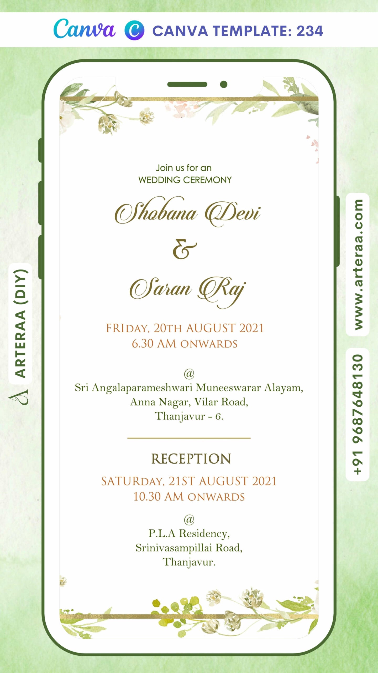 Nikah ceremony invitation card Canva Editable Template of Muslim family in english language with Floral theme design 234