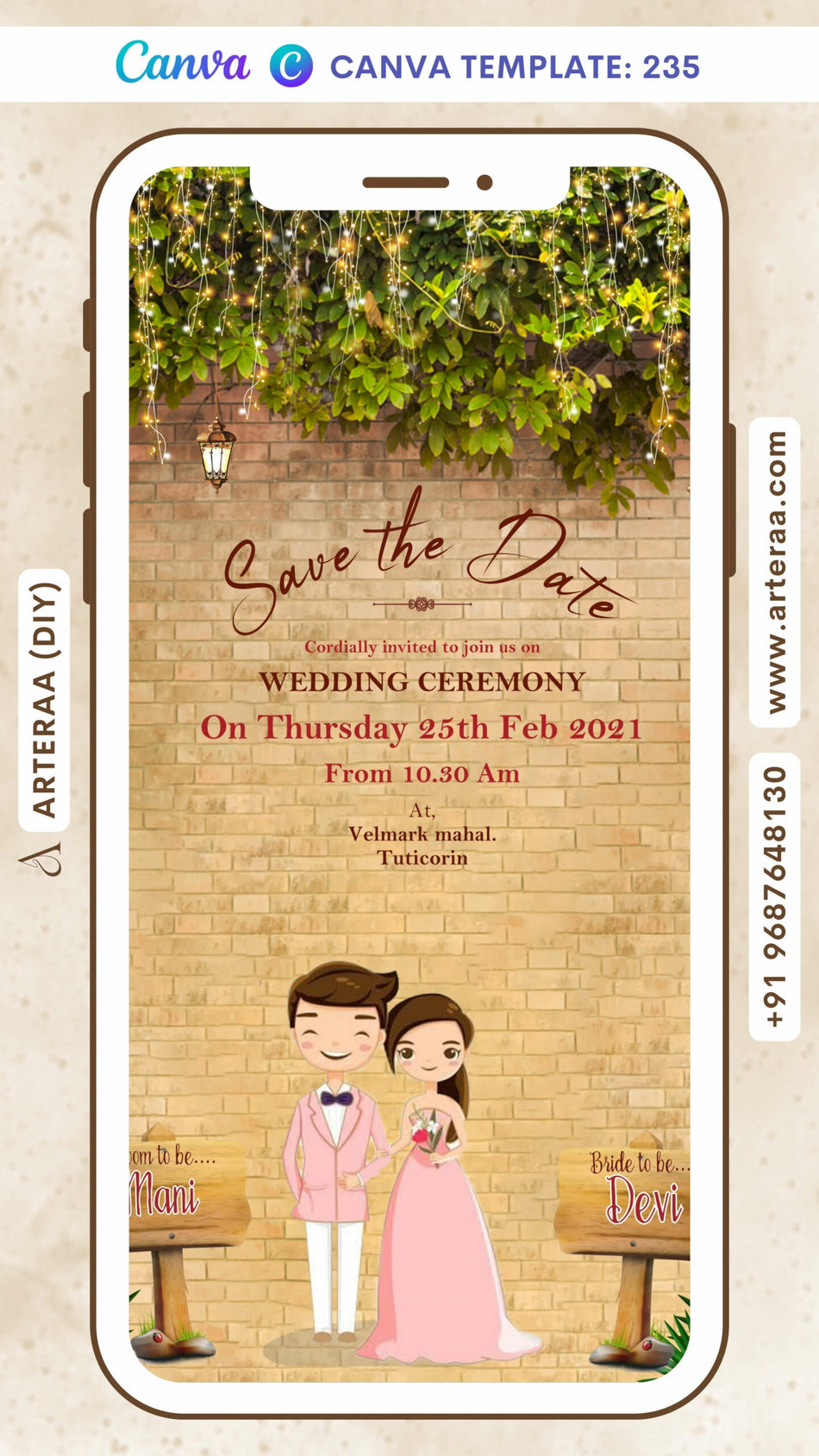 Save the Date card Canva Editable Template in english language with floral theme design 235
