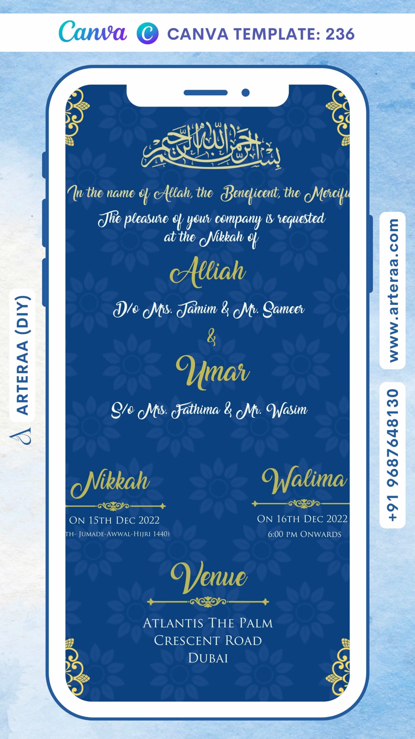 Digital Nikah Ceremony Invitation Of Muslim Family In English Language With Floral Theme Canva Editable Video Template design no - 236