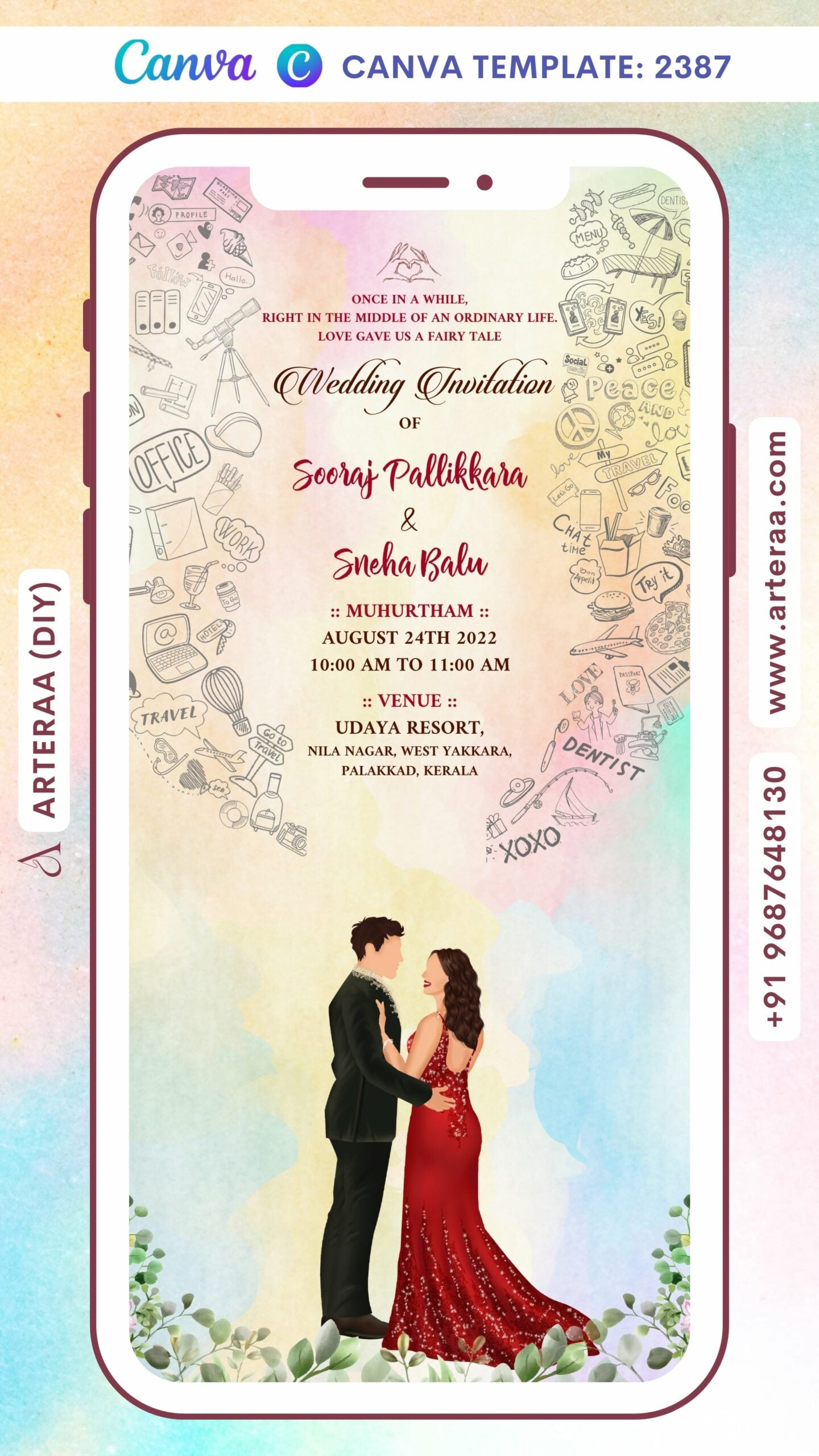 Charming couple doodle invitation card Canva Editable Template for the wedding ceremony of Hindu south indian Malayali family in english language with mixed professional theme design 2387