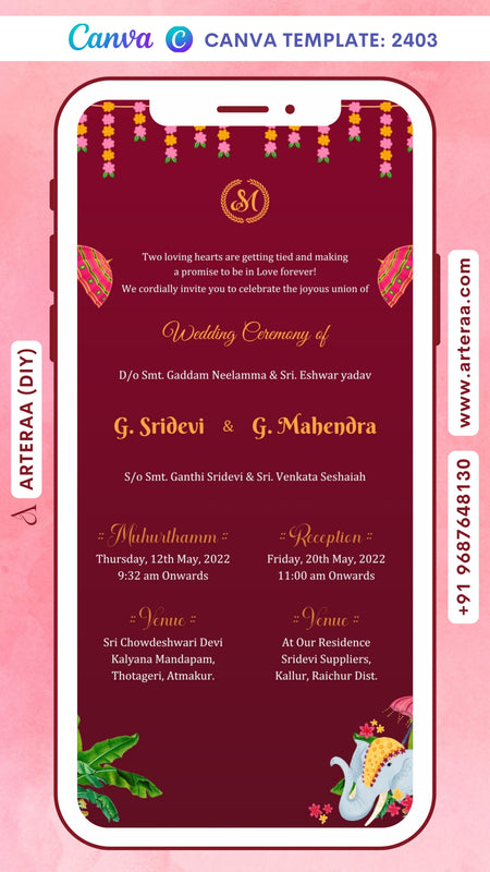 Bollywood Style couple doodle invitation card Canva Editable Template for the wedding ceremony of Hindu south indian telugu family in english language with traditional theme design 2403