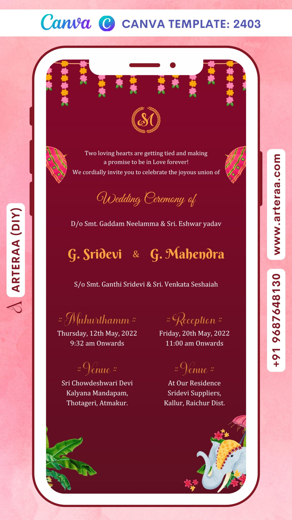 Bollywood Style couple doodle invitation card Canva Editable Template for the wedding ceremony of Hindu south indian telugu family in english language with traditional theme design 2403