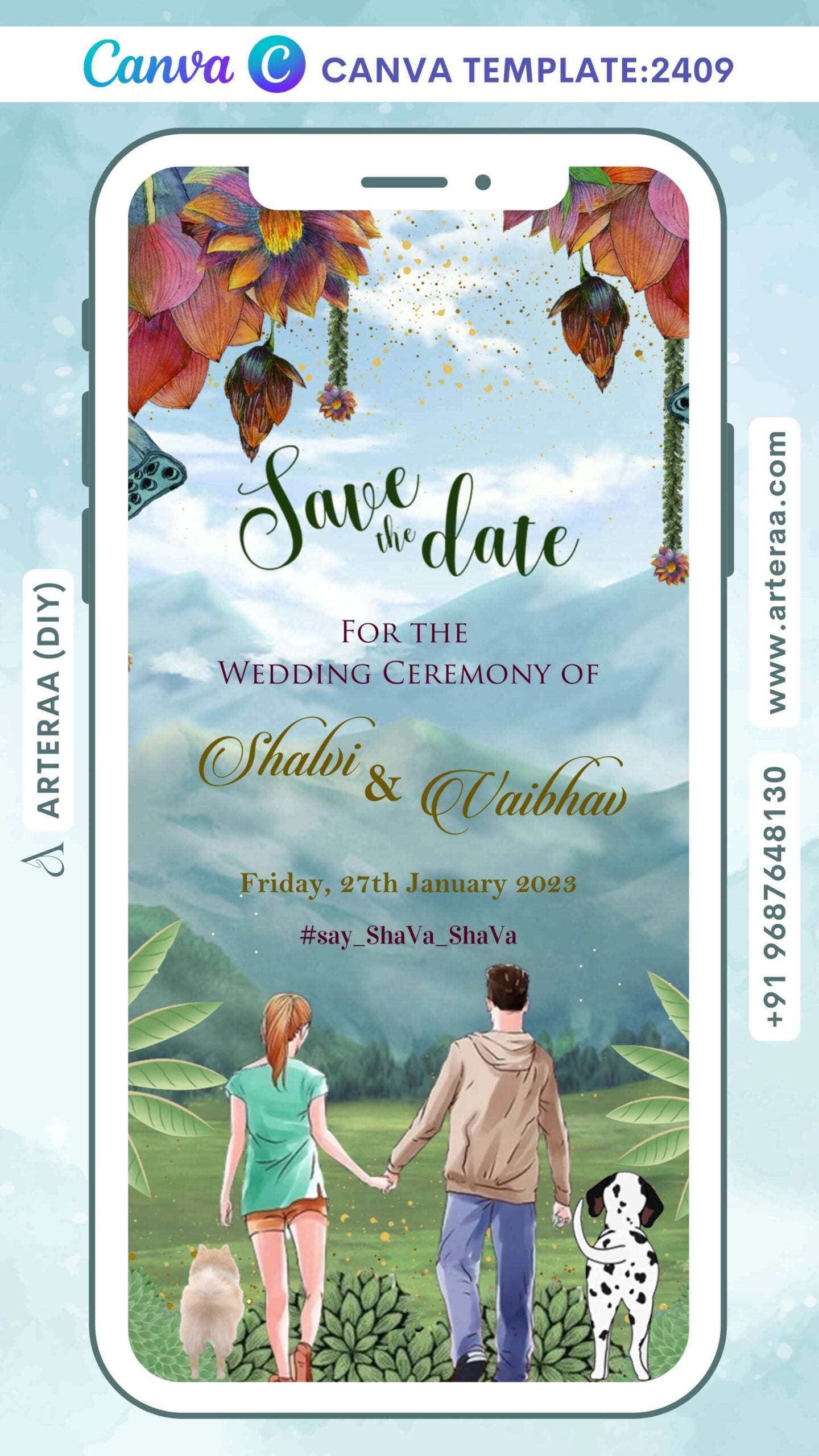 Save the Date Canva Editable video Template in english language with flowers as mountain theme design 2409