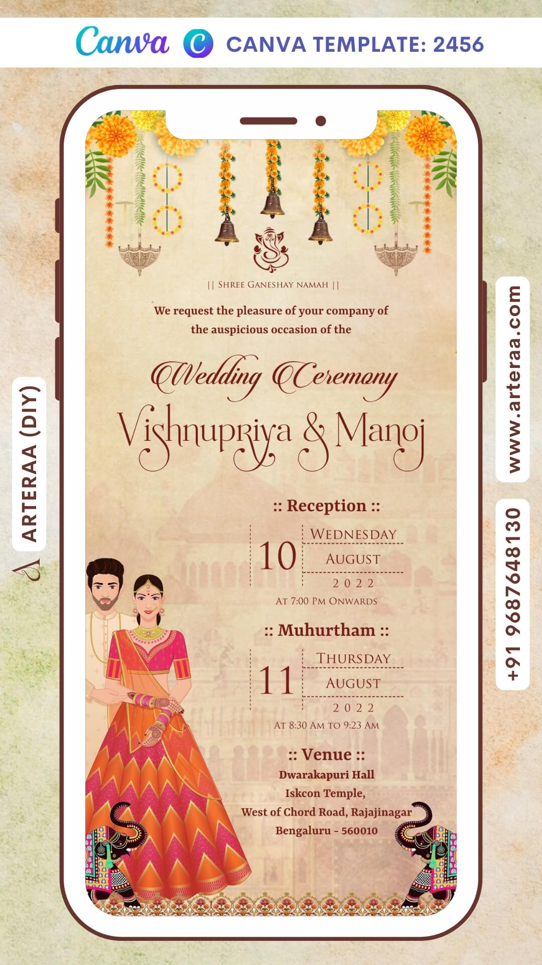 Stylish couple doodle digital invitation card Canva Editable Template for wedding ceremony of hindu south indian Kannada family in english language with Marigold theme design 2456