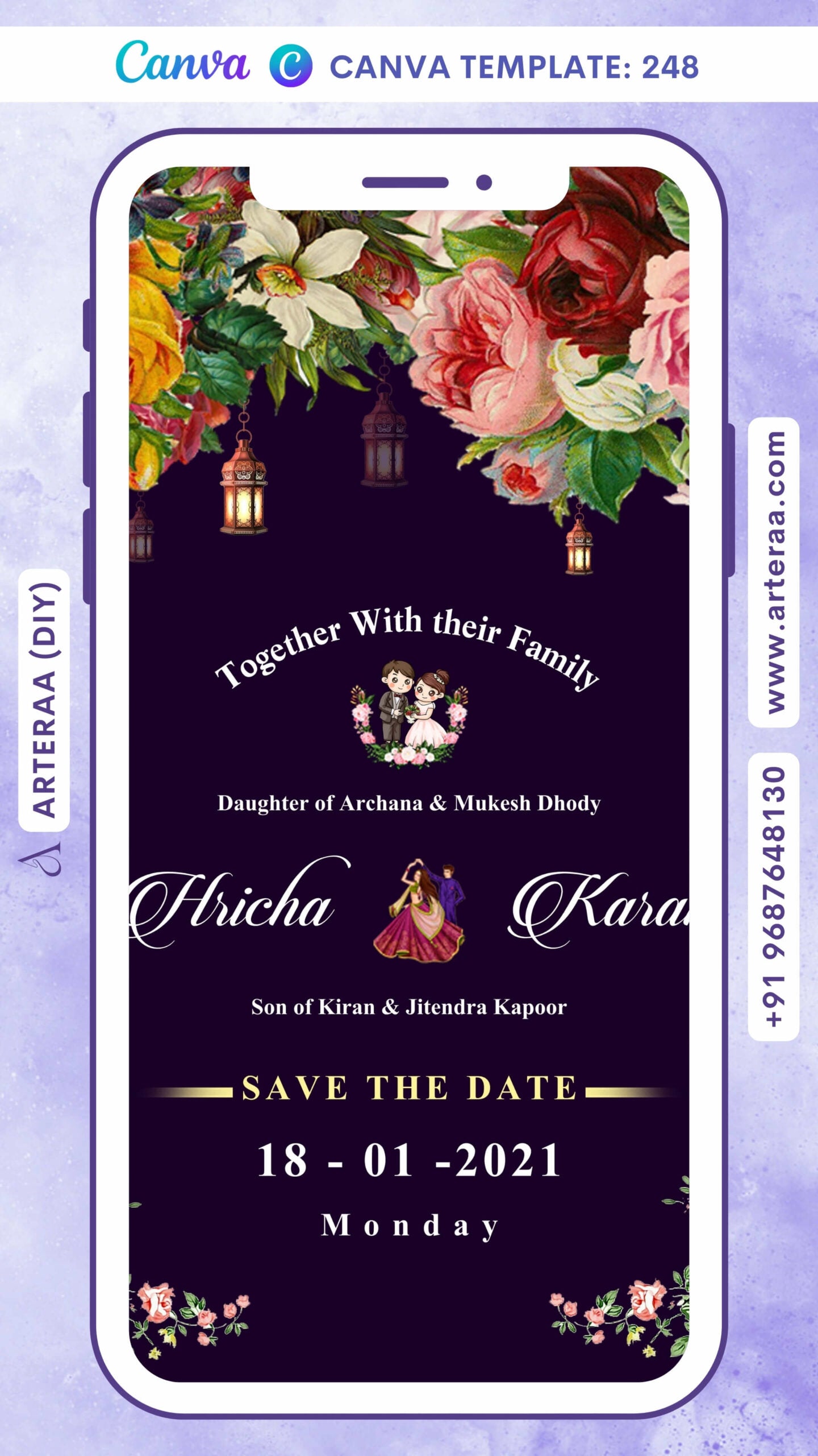 Save the Date card Canva Editable Template in english language with stylish couple doodle, flowers as floral theme design 248