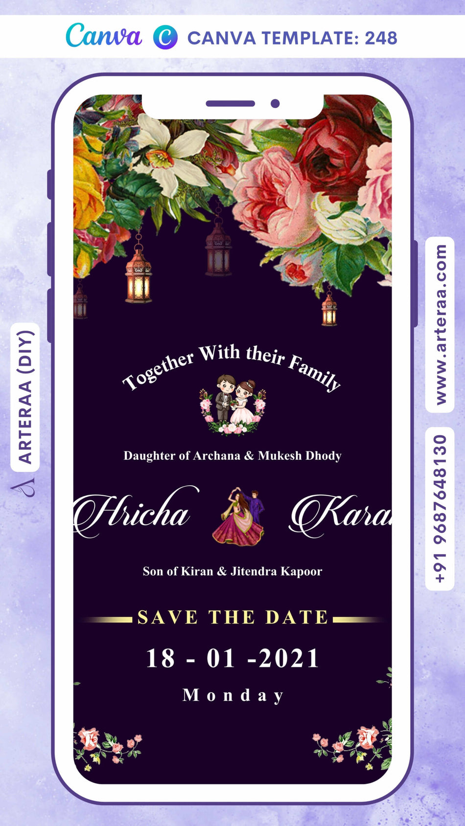 Save the Date card Canva Editable Template in english language with stylish couple doodle, flowers as floral theme design 248