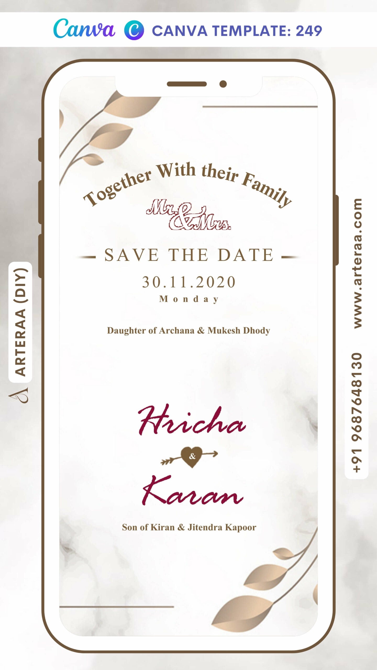 Digital Save The Date Invitation Of Indian Family In English Language With Classic Theme Canva Editable Video Template design No. 249