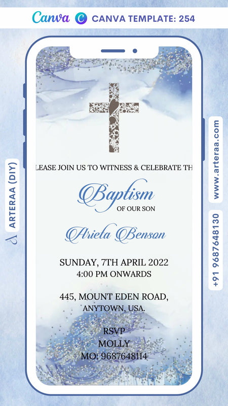 Baptism ceremony invitation card Canva Editable Template in english language with christian cross symbol as glittery theme design 254