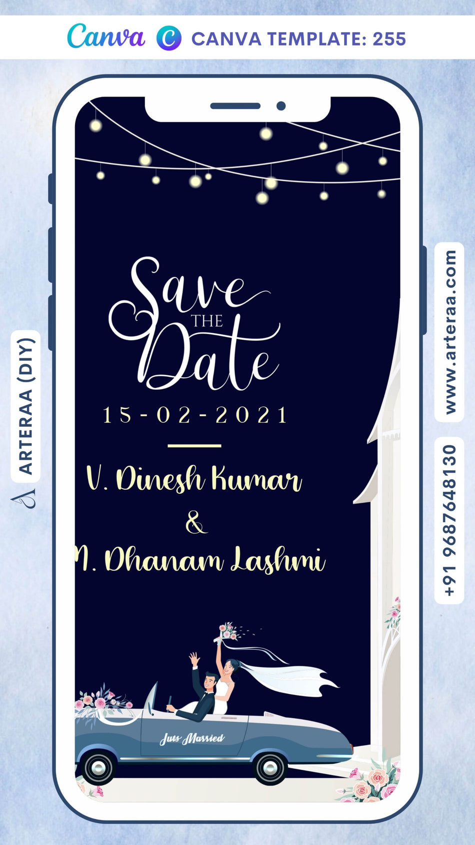 Save the Date card Canva Editable Template in english language with romantic couple doodle, flowers as night theme design 255