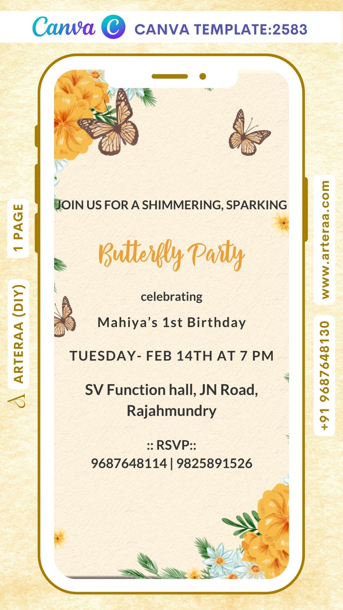 Birthday party invitation Canva Editable video Template in English language with butterfly theme design 2583