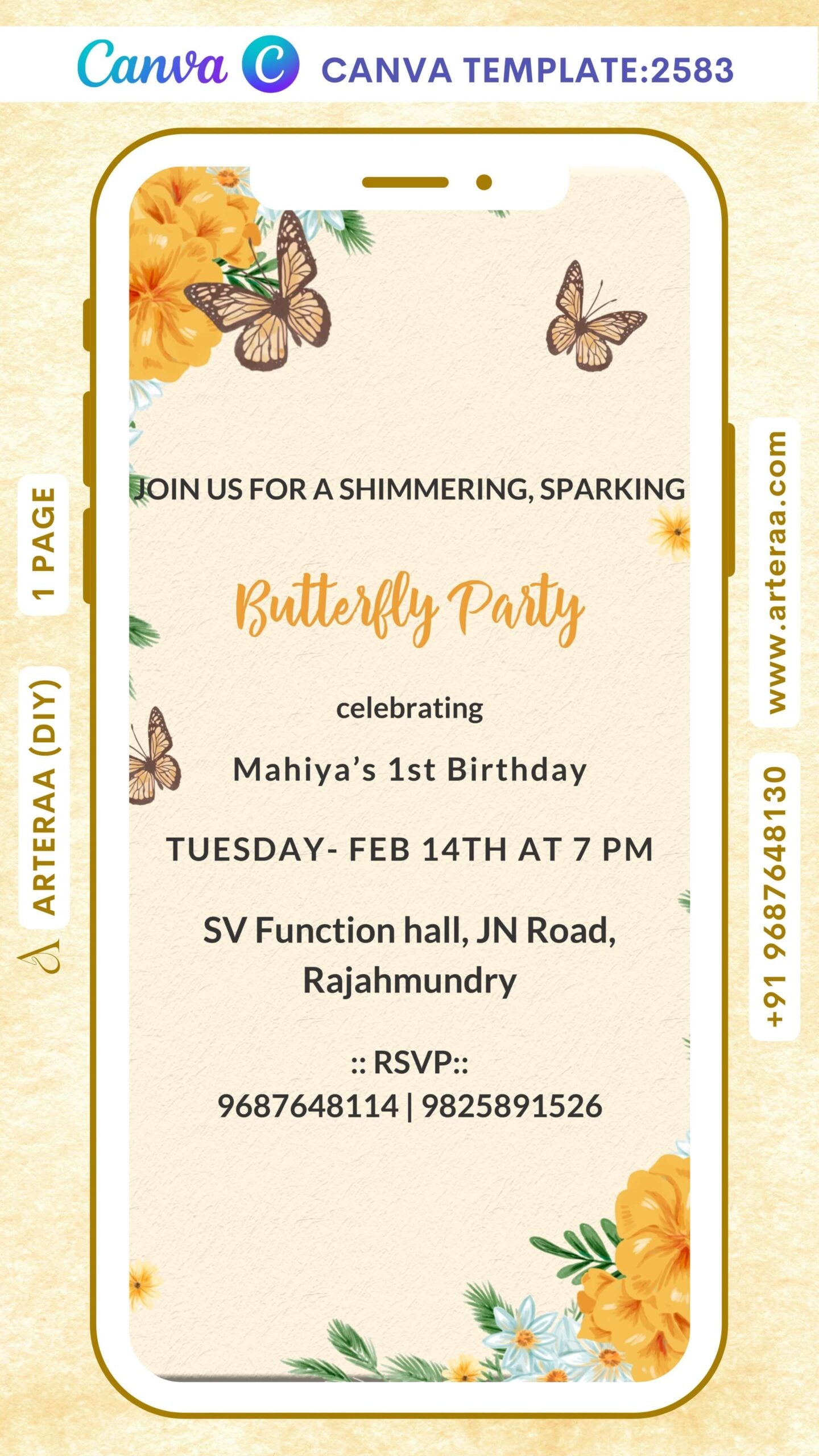 Birthday party invitation Canva Editable video Template in English language with butterfly theme design 2583