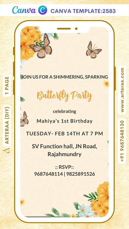 Birthday party invitation Canva Editable video Template in English language with butterfly theme design 2583