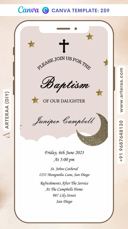 Baptism ceremony invitation card Canva Editable Template in english language with moon, star as minimalistic theme design 259