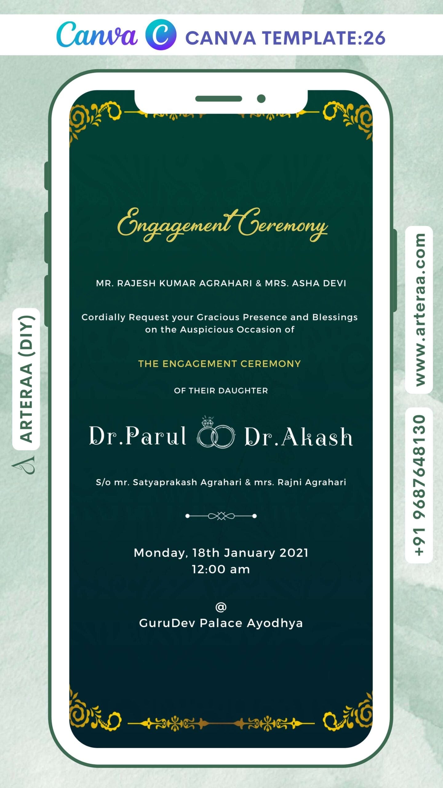 Engagement ceremony invitation card Canva Editable Template in english language with golden border as minimalistic theme design 26