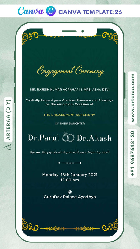 Engagement ceremony invitation card Canva Editable Template in english language with golden border as minimalistic theme design 26
