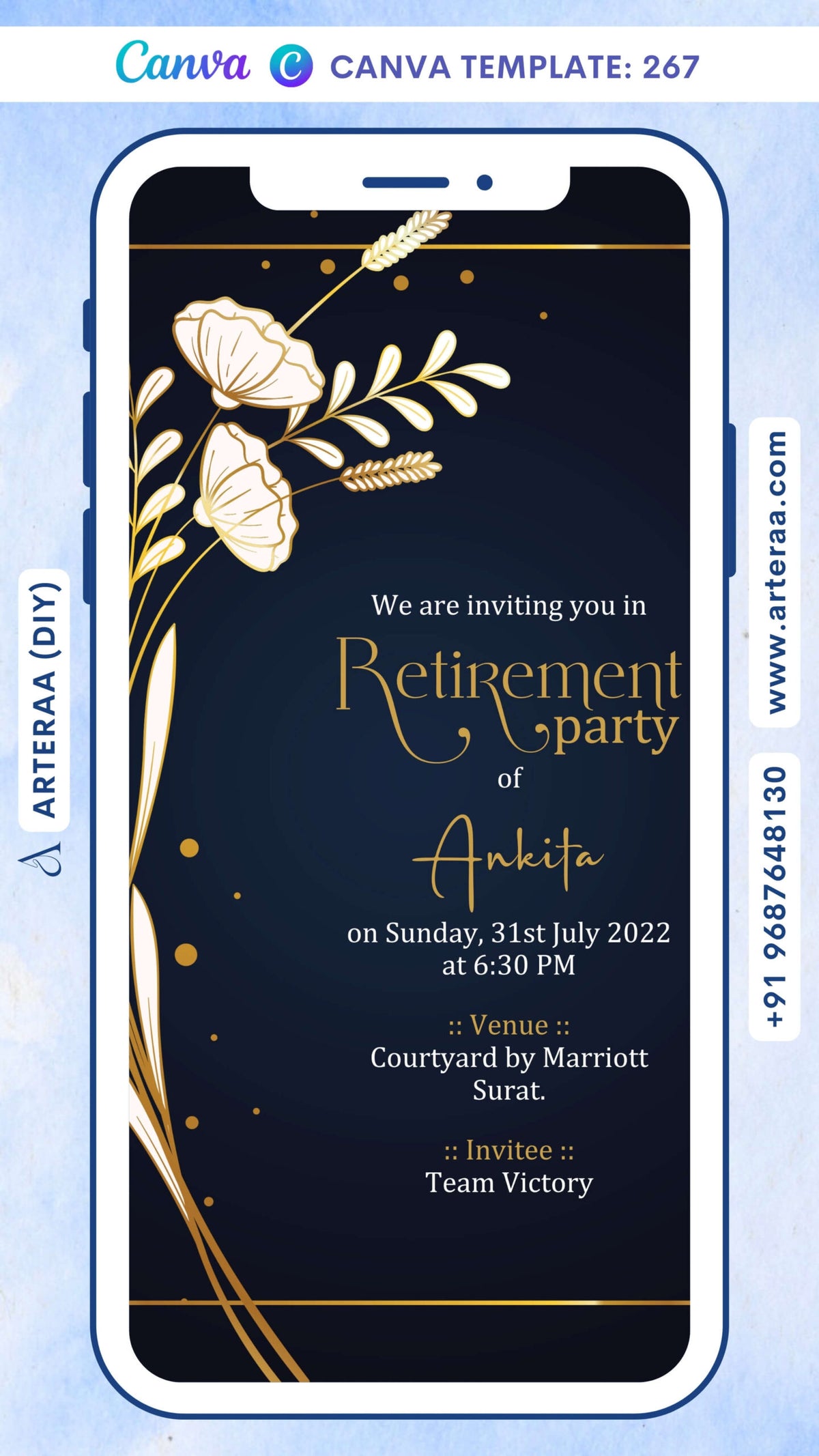 Retirement Party invitation card Canva Editable Template in english language with frame, flowers as glittery theme design 267