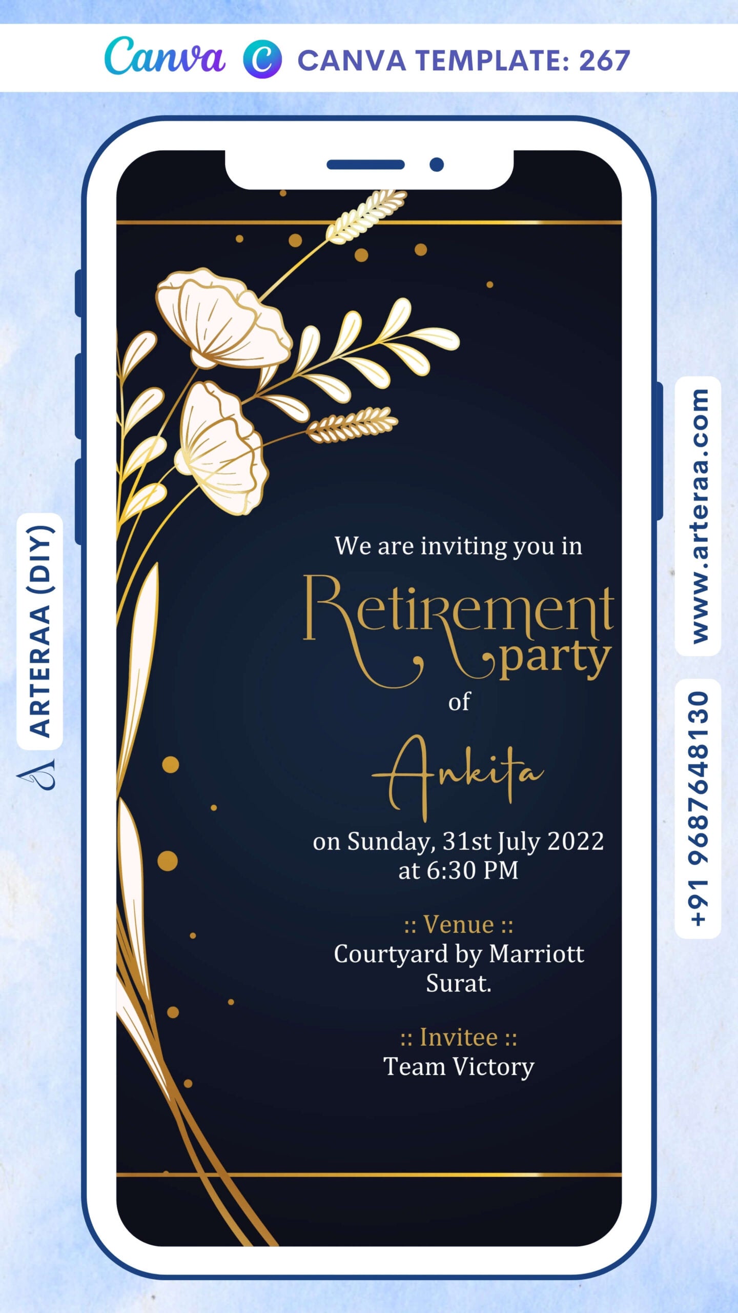 Retirement Party invitation card Canva Editable Template in english language with frame, flowers as glittery theme design 267