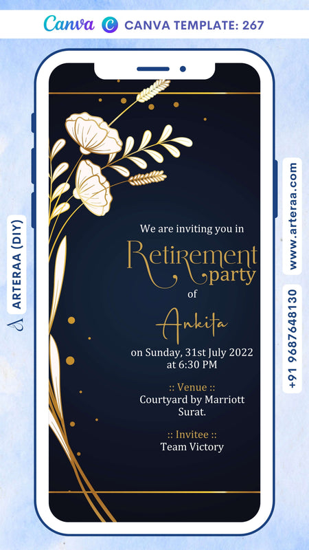 Retirement Party invitation card Canva Editable Template in english language with frame, flowers as glittery theme design 267