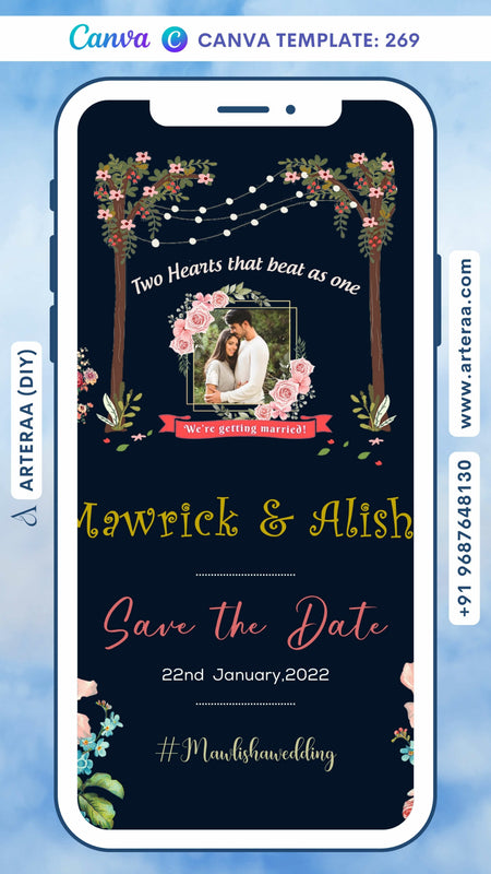 Save the Date card Canva Editable Template in english language with flowers, leaves as floral theme design 269