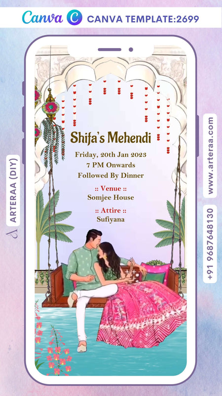 Mehendi ceremony invitation Canva Editable video Template in english language with couple doodle, gate, banana leaves, fence as garden theme design 2699